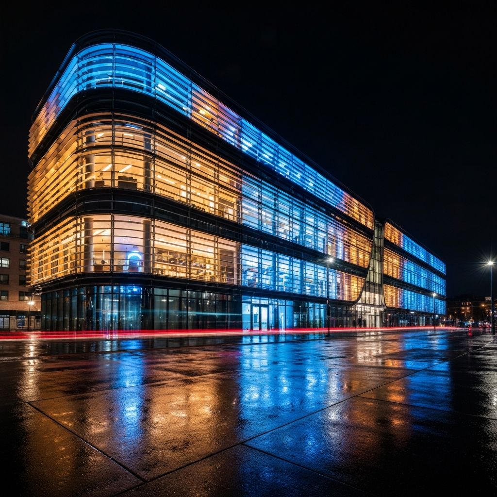 Contemporary building facade dramatically illuminated at night with warm and cool accent lighting
