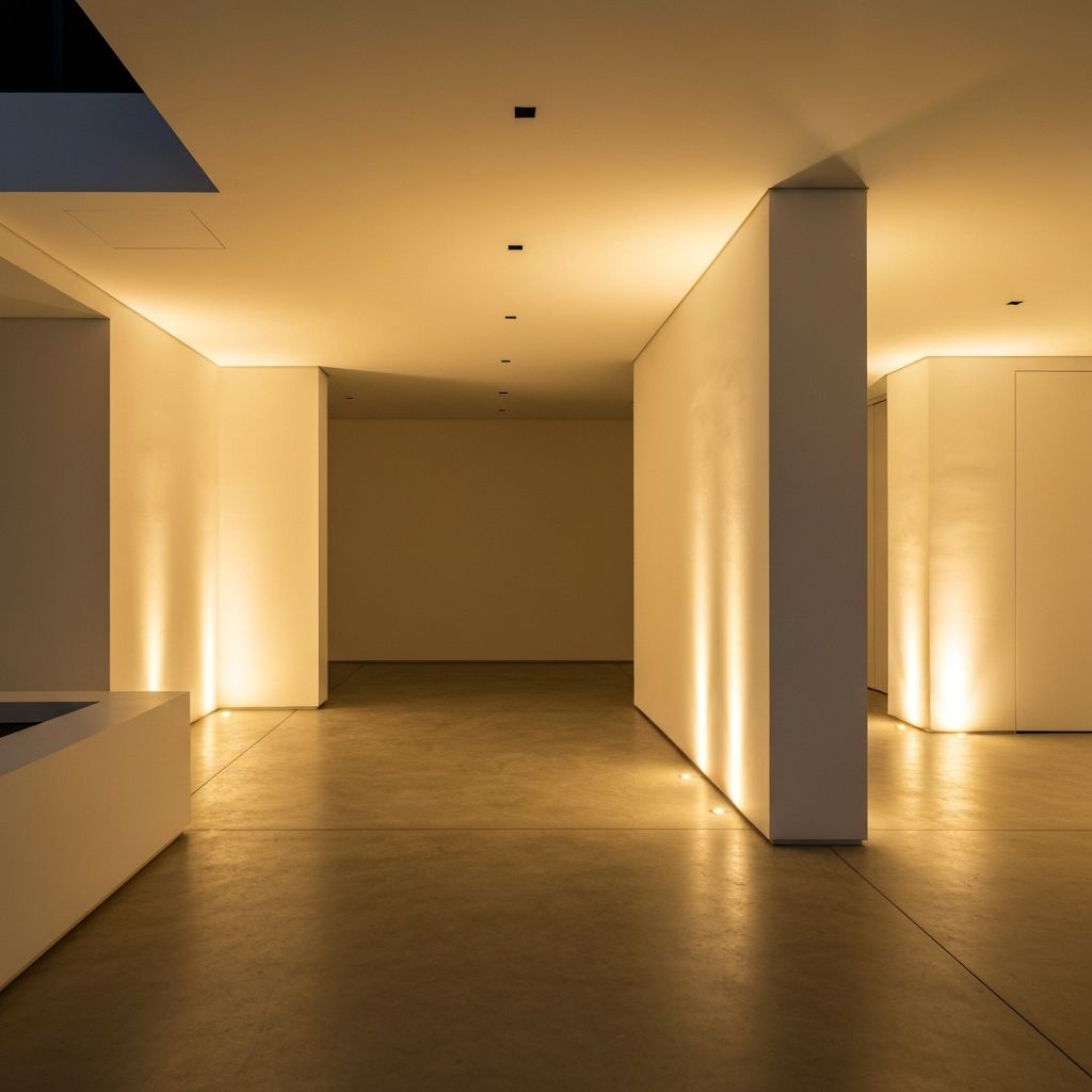 Modern interior space with carefully designed recessed architectural lighting casting warm golden tones