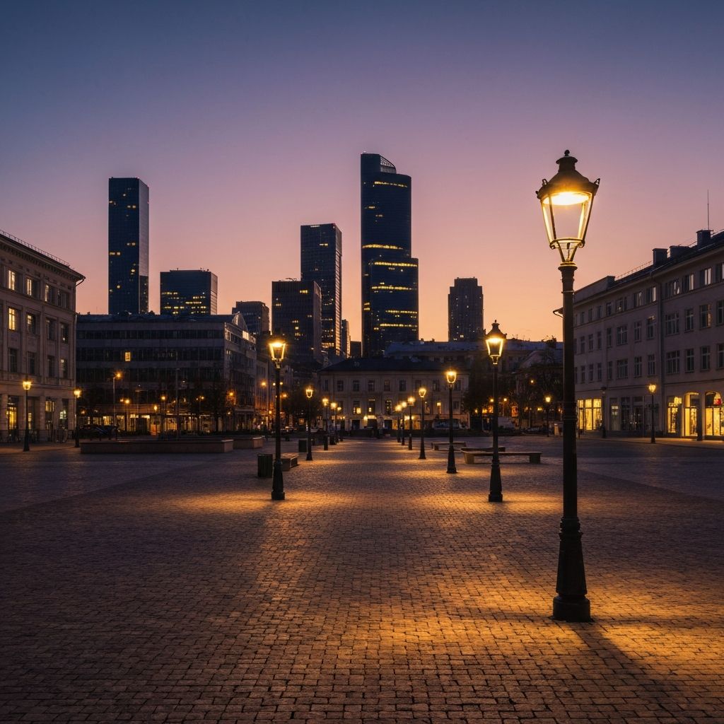 Urban plaza at twilight illuminated by warm street lighting with modern city backdrop